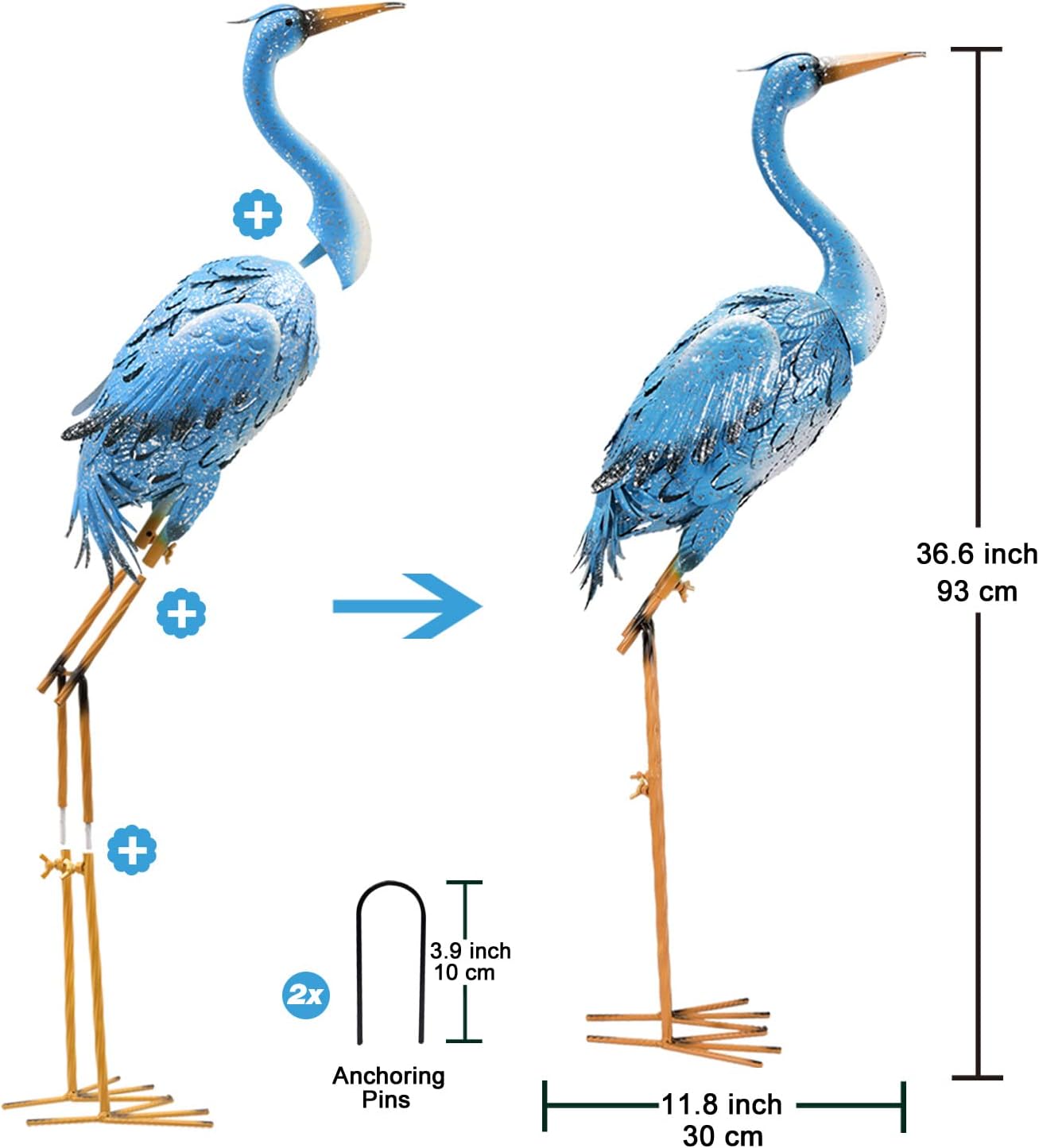 Blue Metal Crane Garden Statue