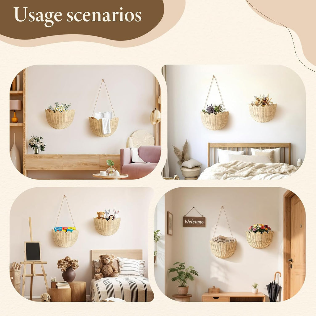 2 Pack Scalloped Rattan Wall Storage Baskets