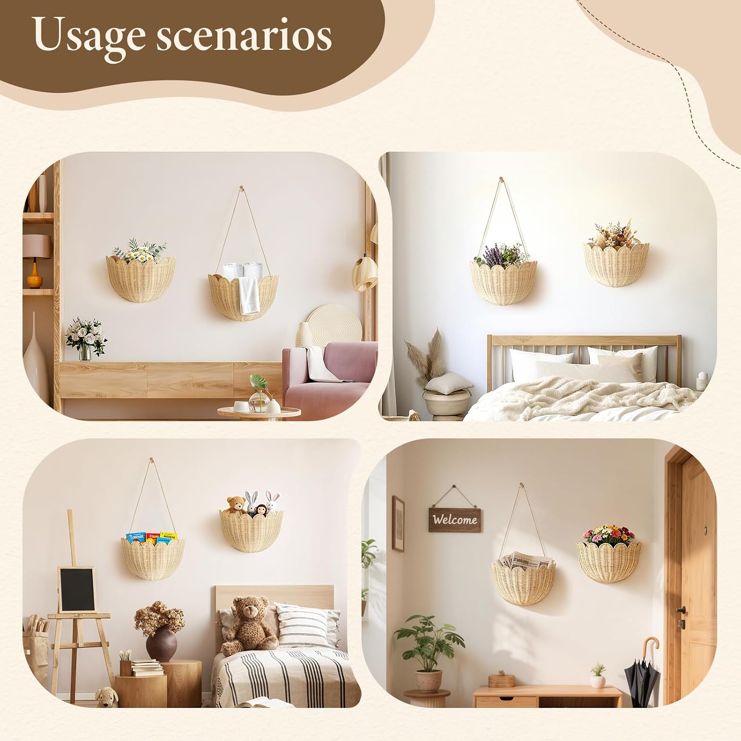 2 Pack Scalloped Rattan Wall Storage Baskets