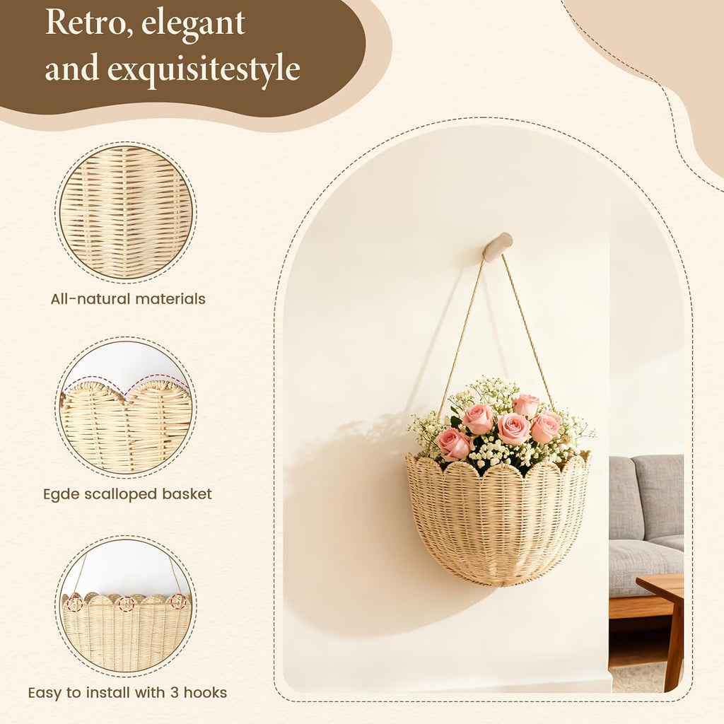 2 Pack Scalloped Rattan Wall Storage Baskets