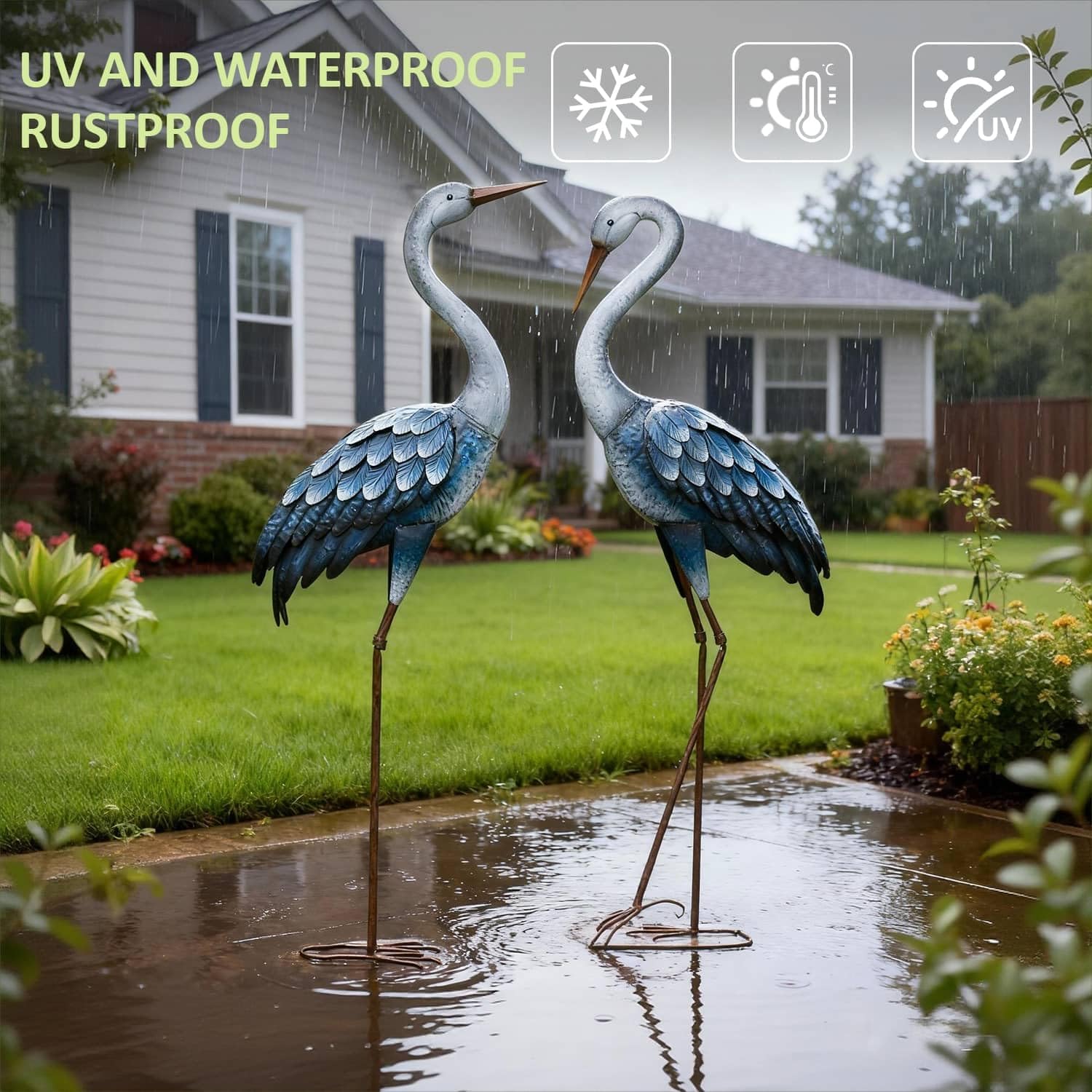 Blue Metal Heron Garden Statue