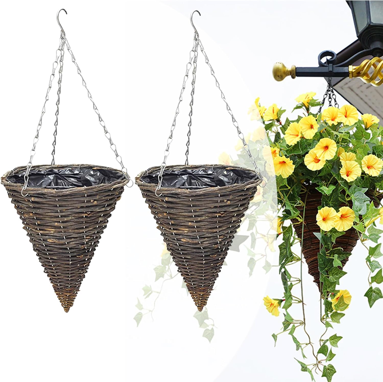 2 Pack Cone Shaped Rattan Hanging Planters