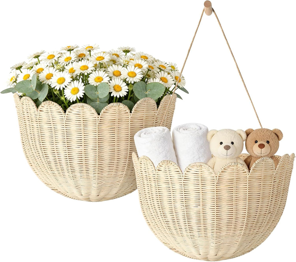 2 Pack Scalloped Rattan Wall Storage Baskets