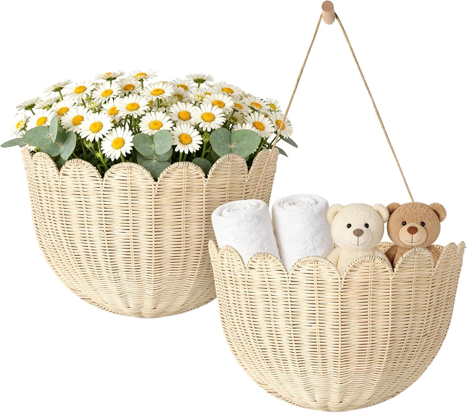 2 Pack Scalloped Rattan Wall Storage Baskets