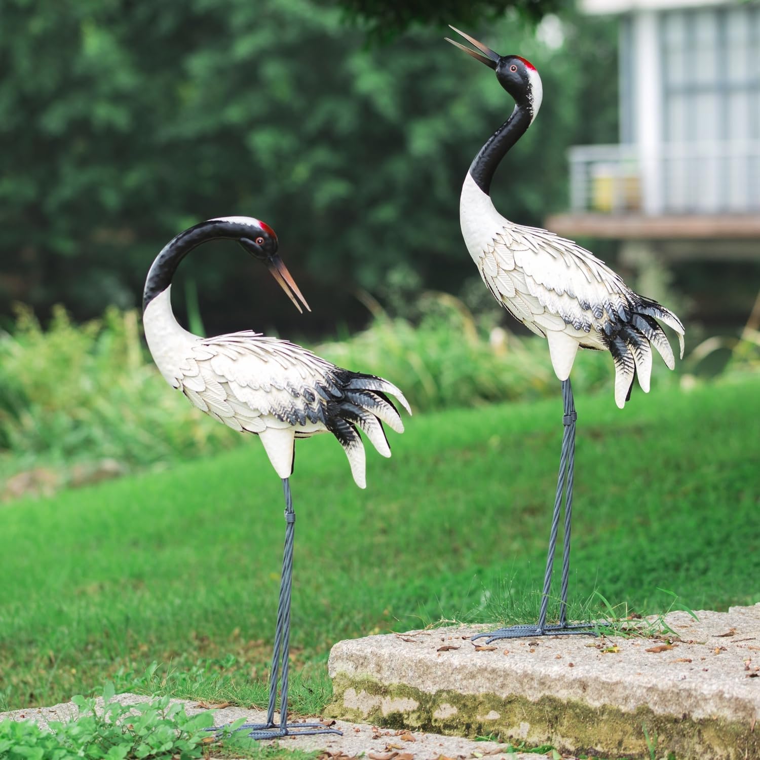Metal Red Crane Garden Statues