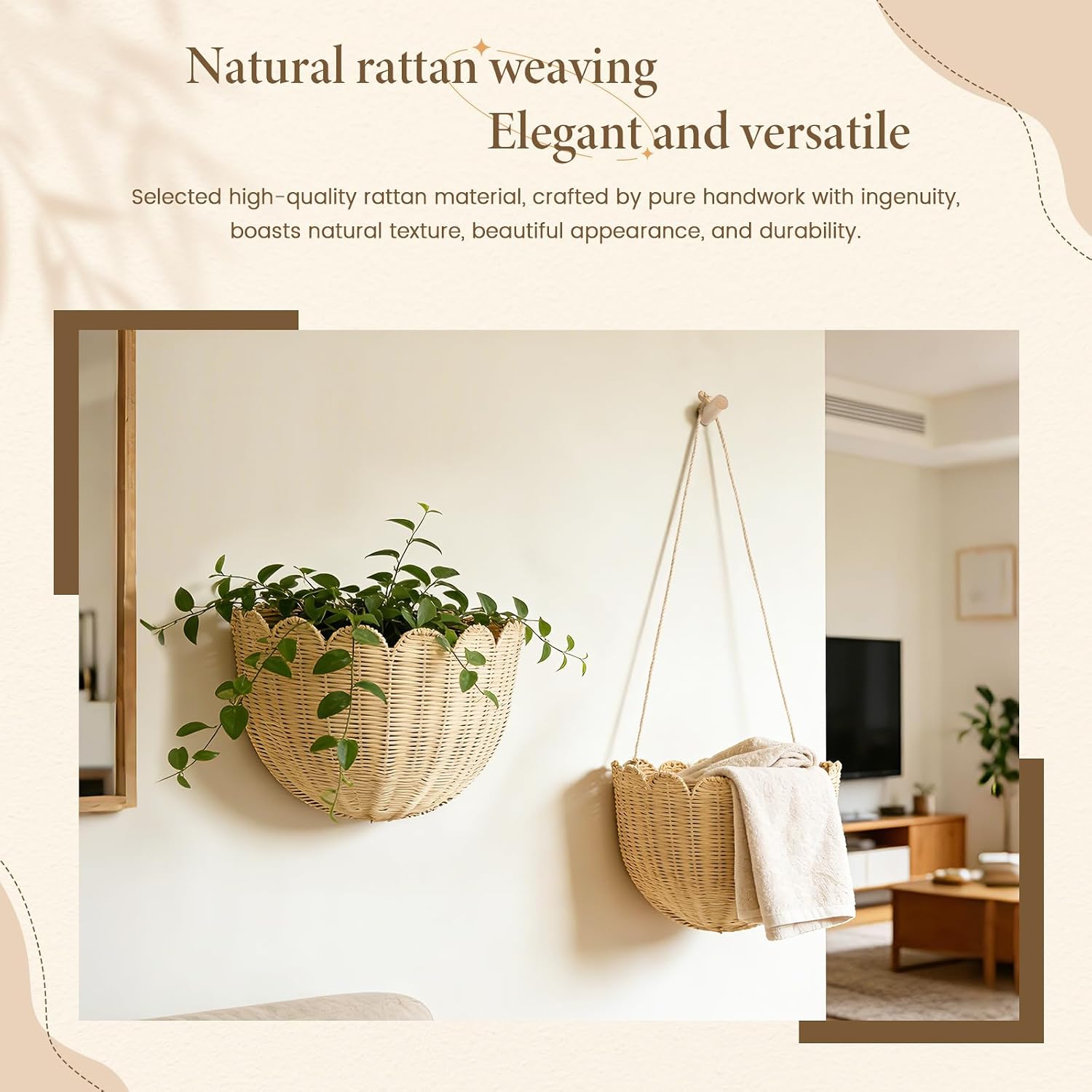 2 Pack Scalloped Rattan Wall Storage Baskets