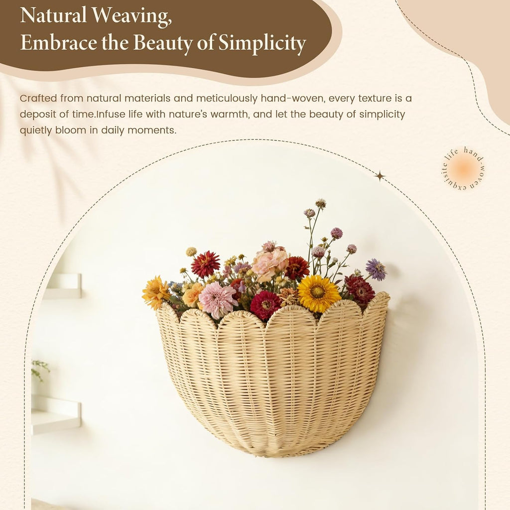 2 Pack Scalloped Rattan Wall Storage Baskets