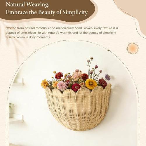2 Pack Scalloped Rattan Wall Storage Baskets