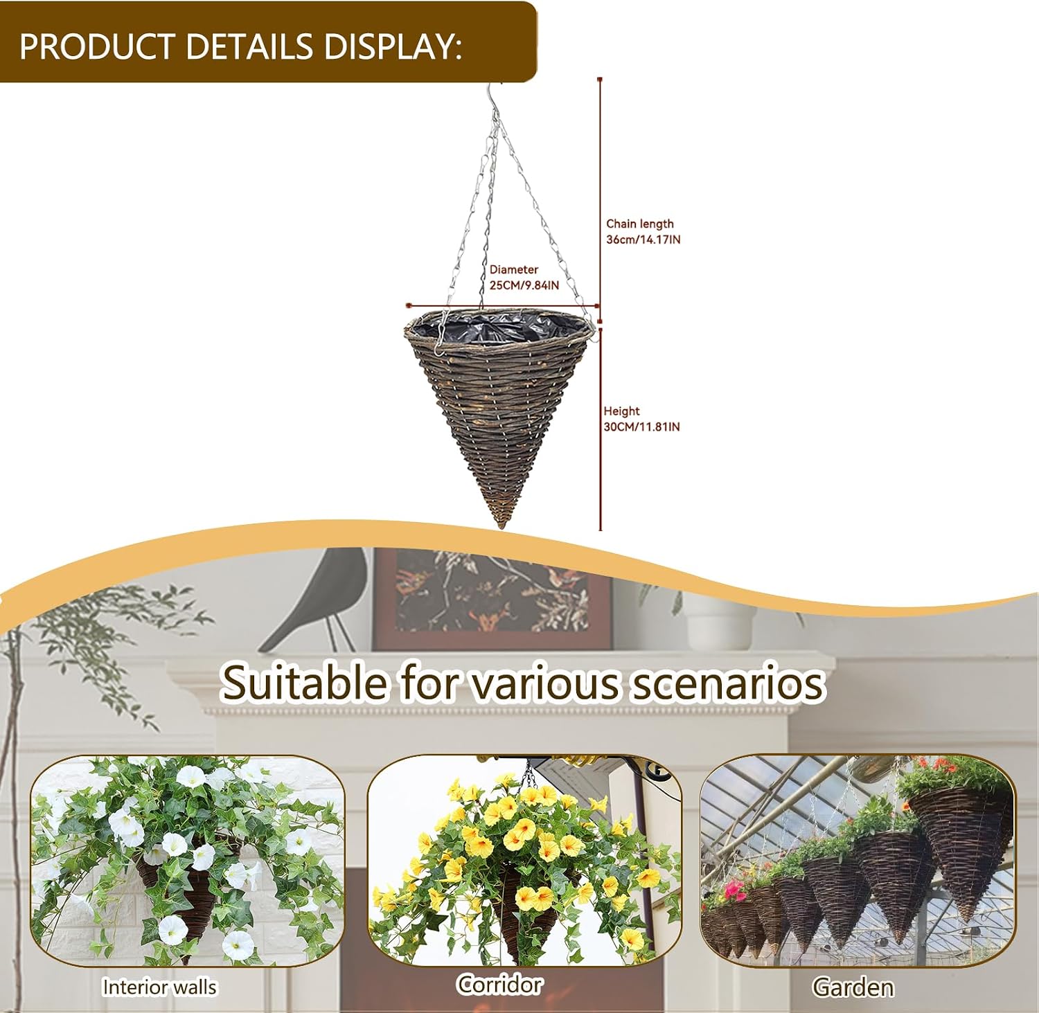 2 Pack Cone Shaped Rattan Hanging Planters