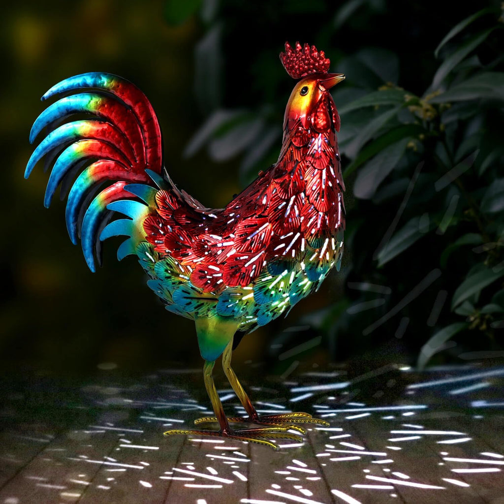 Solar Metal Rooster Garden Statue
