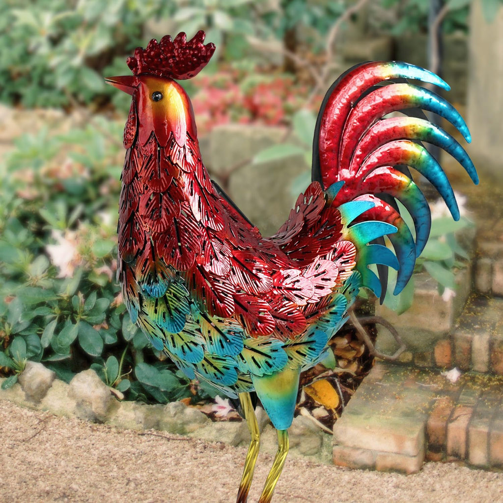 Solar Metal Rooster Garden Statue