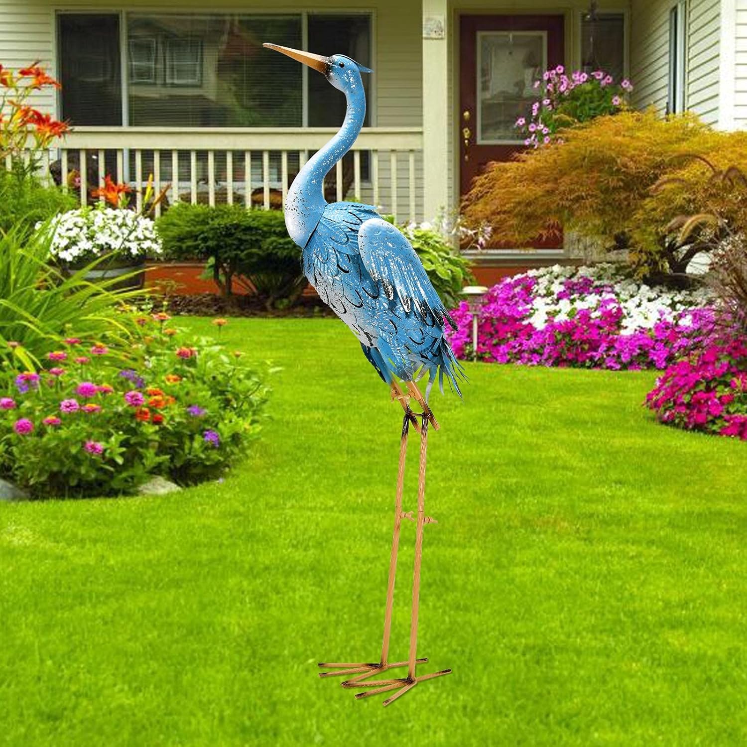 Blue Metal Crane Garden Statue