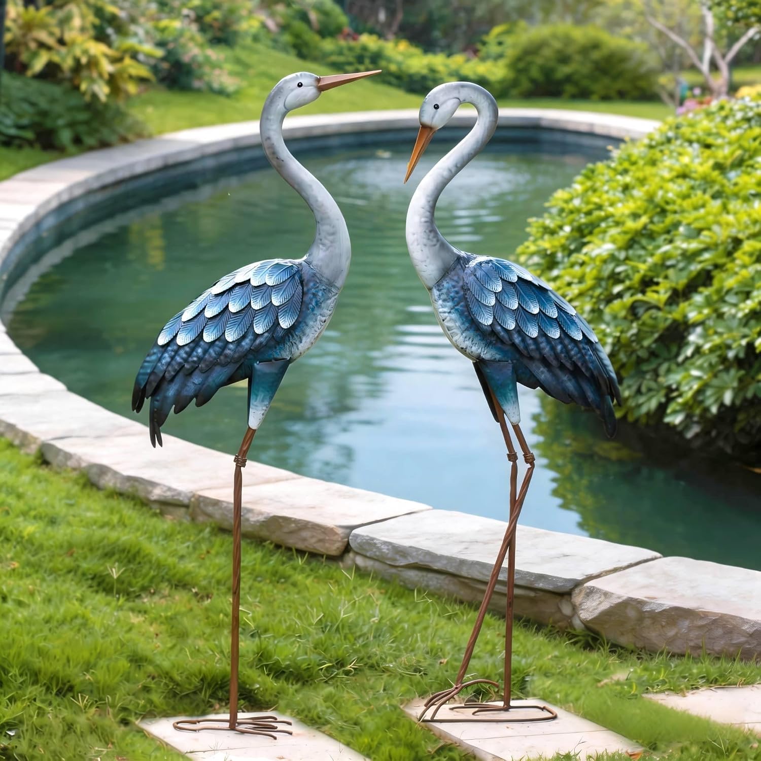 Blue Metal Heron Garden Statue