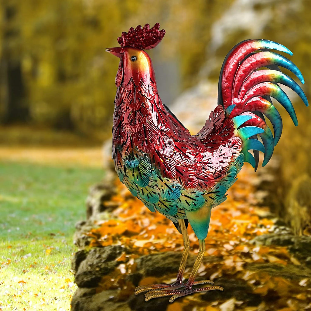 Solar Metal Rooster Garden Statue
