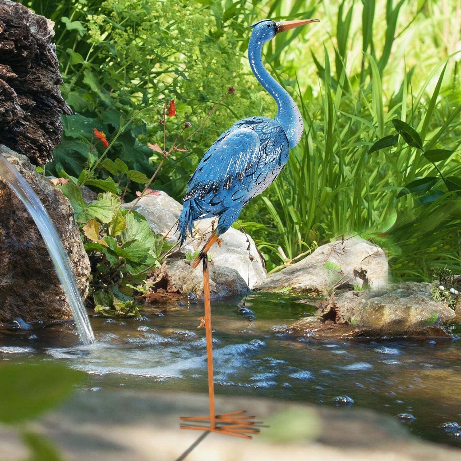 Blue Metal Crane Garden Statue