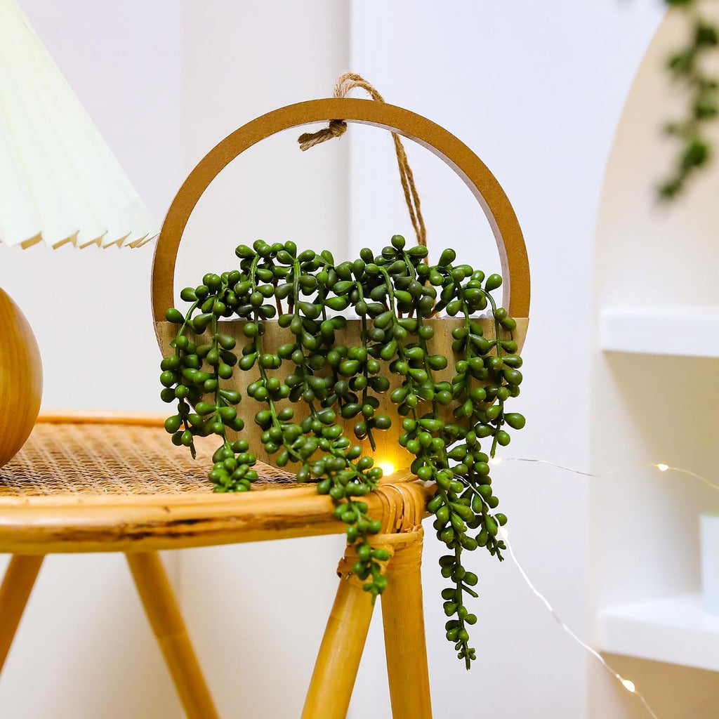 2 Pack Wood Artificial String of Pearls Hanging Succulents
