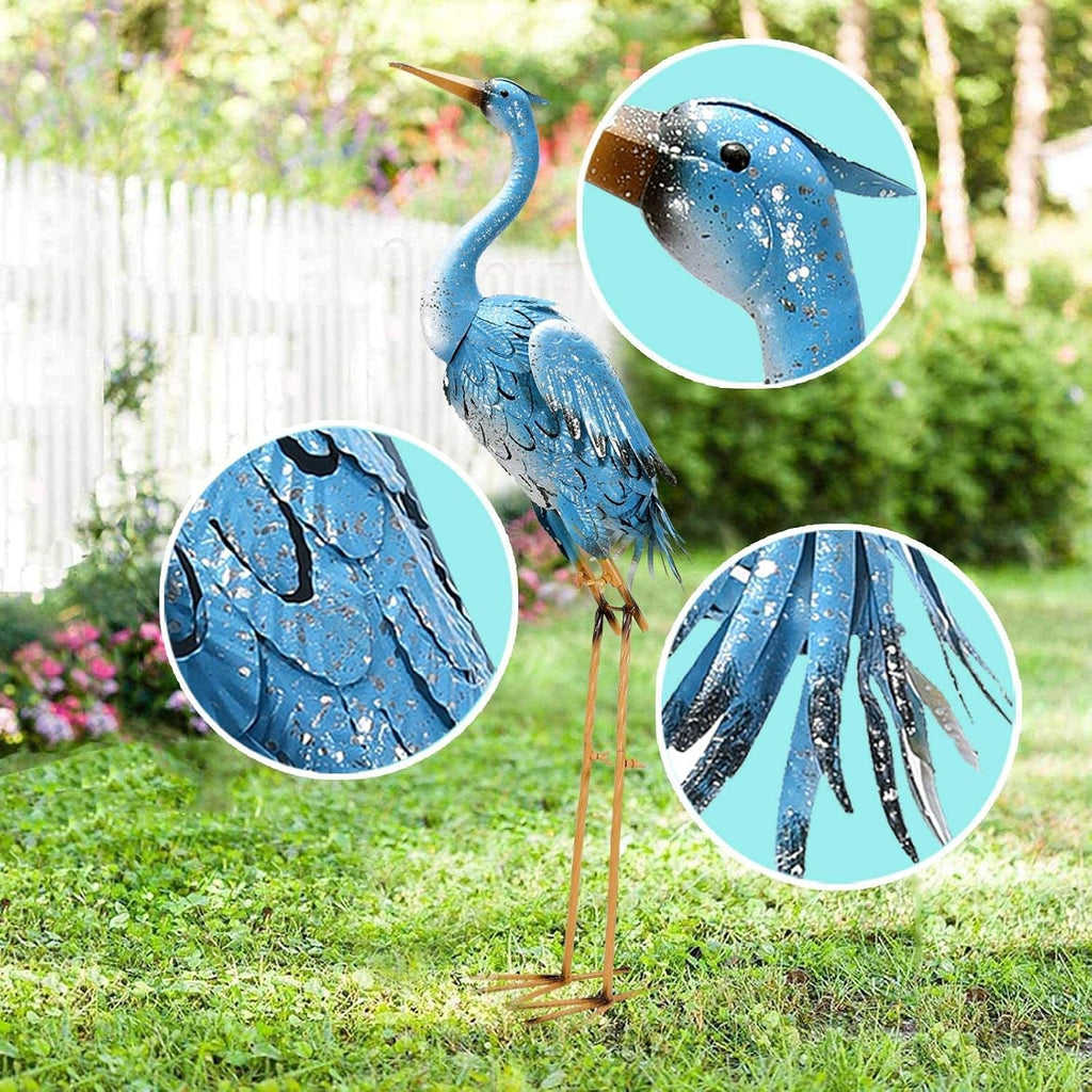 Blue Metal Crane Garden Statue