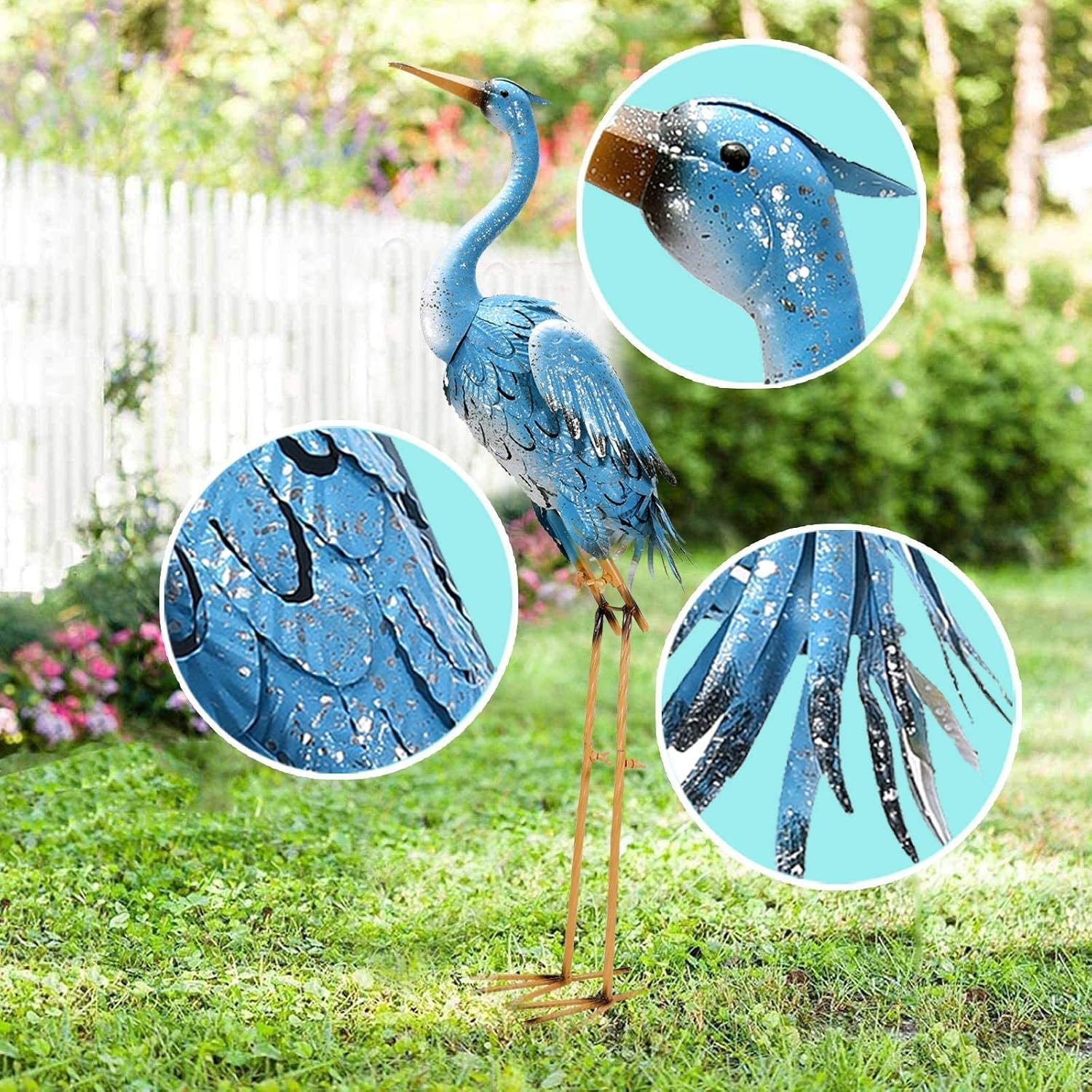 Blue Metal Crane Garden Statue