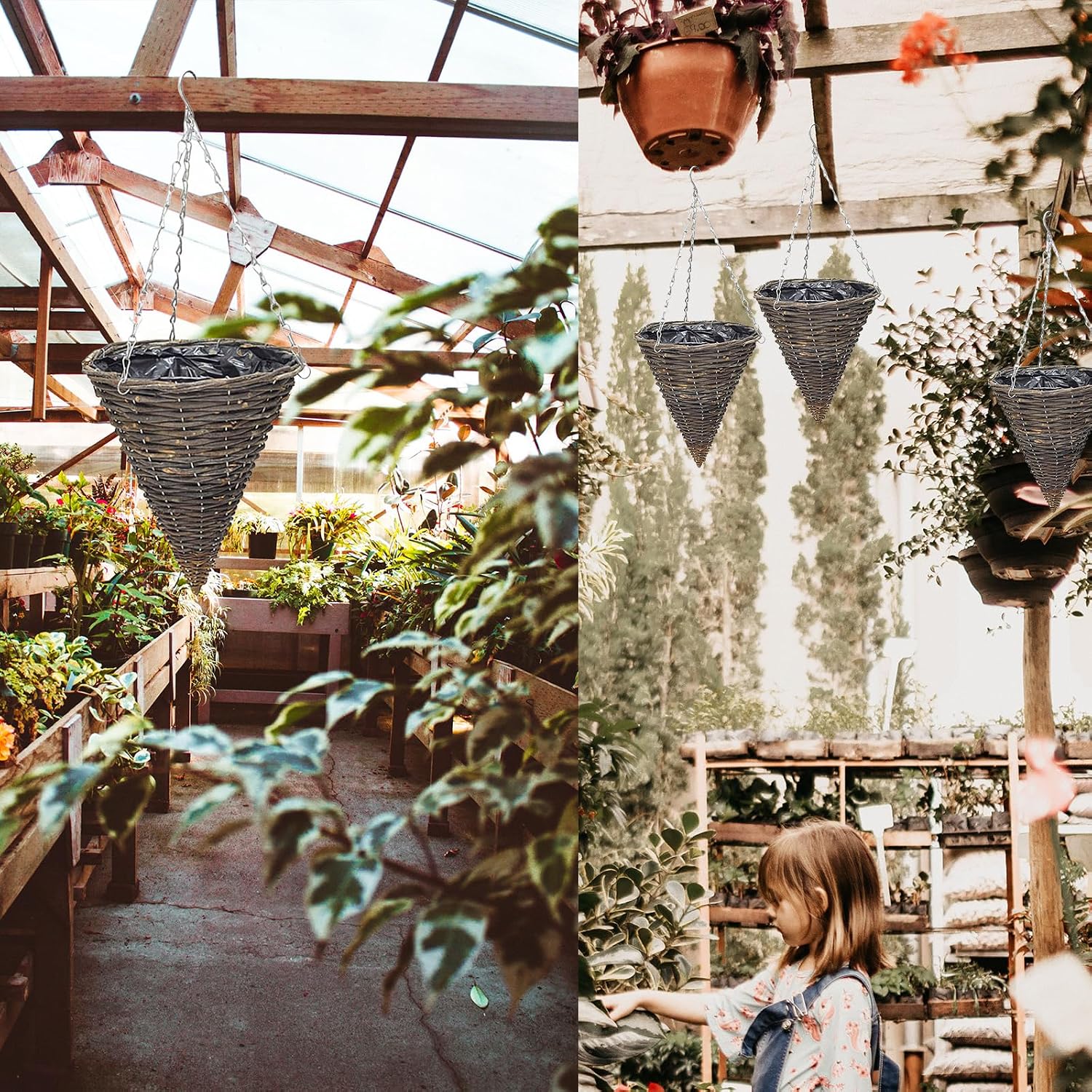 2 Pack Cone Shaped Rattan Hanging Planters