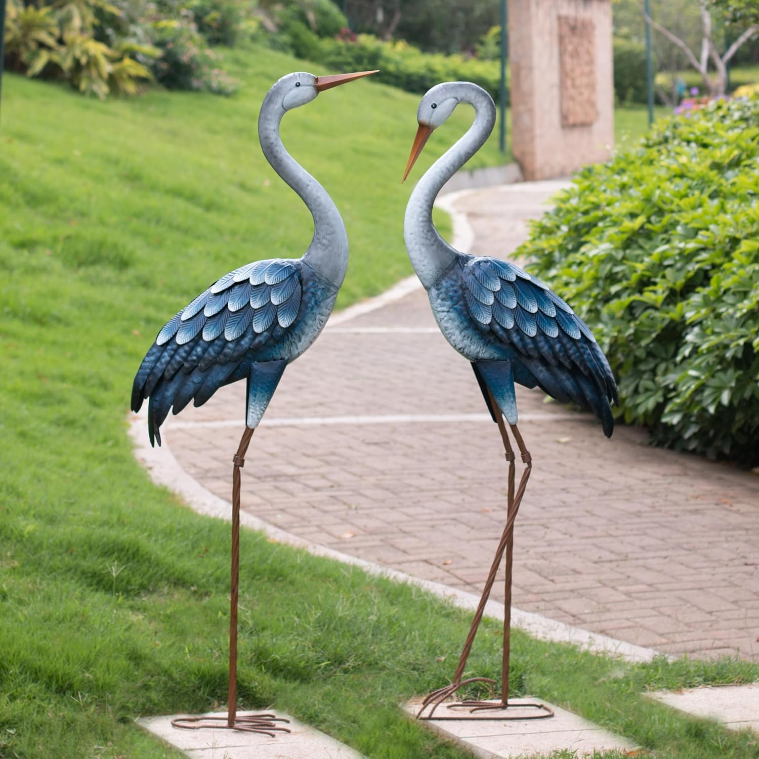 Blue Metal Heron Garden Statue